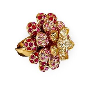Vintage Joan Rivers Pink Pave Petal Gold Plated Flower Ring Swarovski Crystals